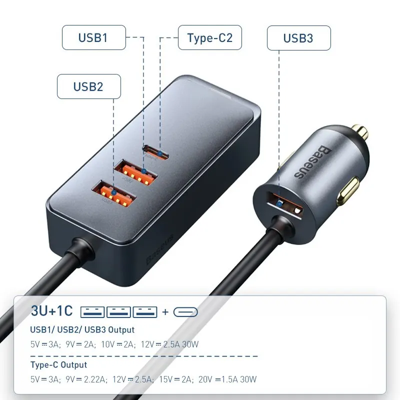 Baseus 120W 4 puertos PD cargador de coche cargador rápido QC 3,0 PD 3,0 para iPhone 14 13 12 Samsung tipo C cargador USB cargador de teléfono USB - imagen 5