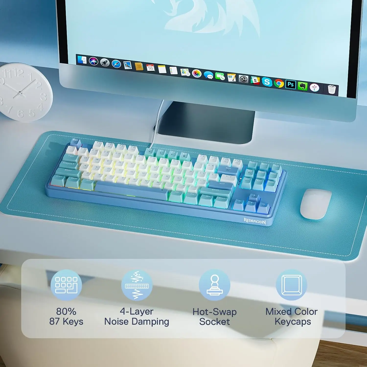 Redragon K707 80% junta con cable RGB Gaming 3 modos 87 teclas TKL Teclado mecánico intercambiable en caliente, amortiguación de ruido, interruptor Dragon Chant - imagen 5