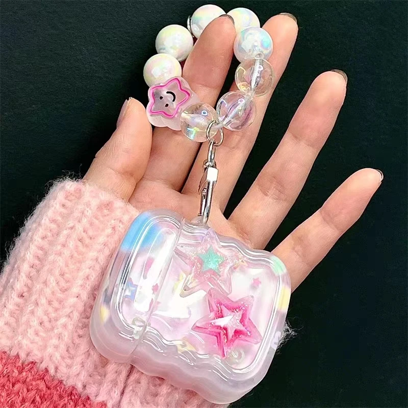 Funda para auriculares con borde ondulado y estrella rosa 3D coreana para AirPods 1, 2, 3, con colgante de cuentas de corazón de amor, funda suave para AirPods Pro 2 - imagen 2