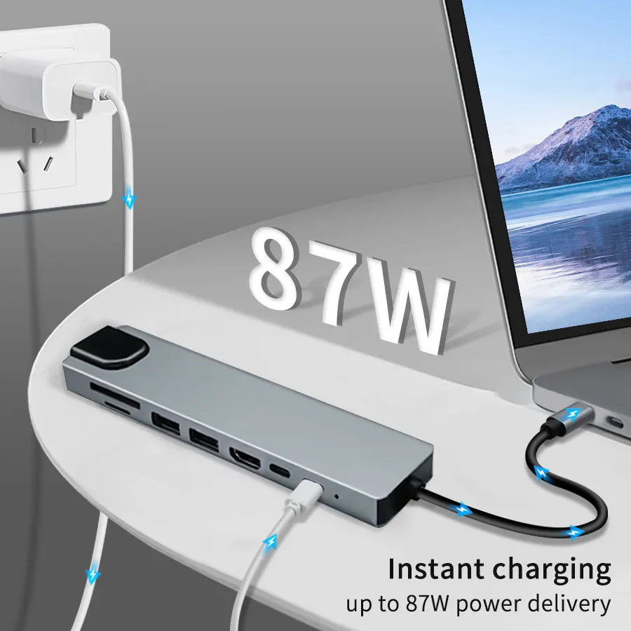 Hub USB tipo C 8 en 1, adaptador HDMI 3,1 a 4K con lector de tarjetas RJ45 SD/TF PD, carga rápida para MacBook, Notebook, ordenador portátil - imagen 3