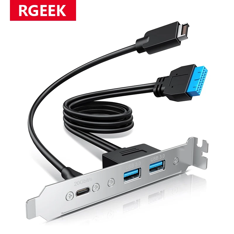 RGEEK 20Gbps USB3.2 USB-C 2x USB-A Cable adaptador de 5Gbps con cubierta de soporte PCI de altura completa, tipo E a USB-C, USB de 19 pines a 2 USB-A