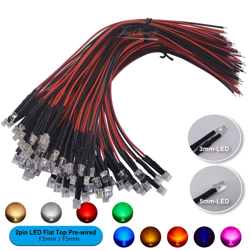 20 unids/lote 20cm precableado 3mm 5mm luces LED superiores planas precableadas 5V 12V 24V 2pin diodo emisor de luz para decoración del hogar DIY - imagen 2