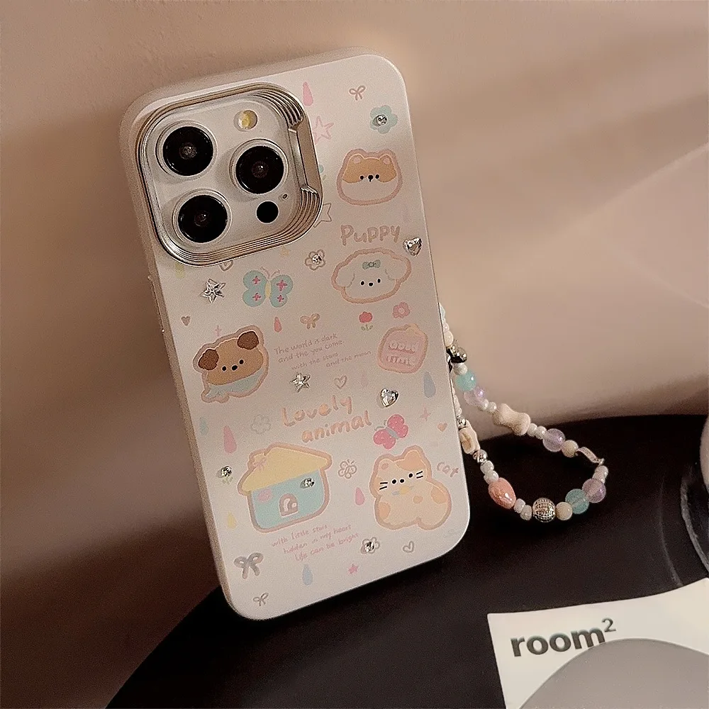 Funda de teléfono con dije de casa de cachorro y gato bonito con cordón para iPhone 16 15 14 11 13 12 Pro Max Plus, funda de teléfono Kawaii Doodle - imagen 4
