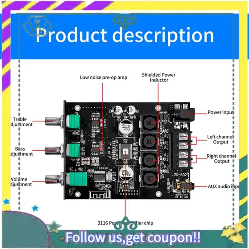 Módulo de audio A28Q-ZK-502T Módulo de audio Bluetooth 5.0 50Wx2 Módulo de amplificador auxiliar digital de potencia inalámbrica Bajo y agudo - imagen 3