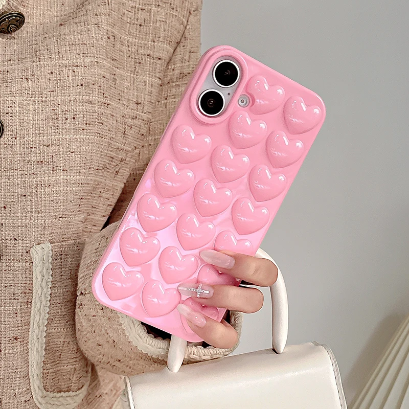 Funda de teléfono femenina bonita con forma de corazón Pop de burbujas 3D rosa para iPhone 17 Air 16 15 14 Plus 13 12 11 Pro Max Funda trasera de silicona suave - imagen 3