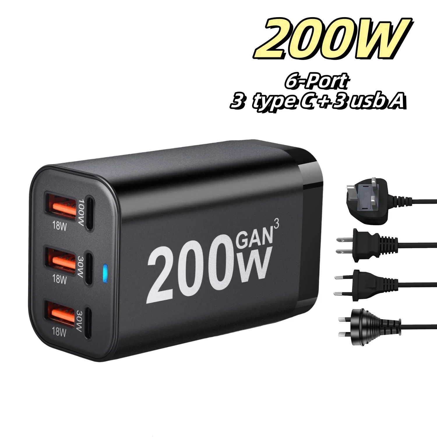 Cargador GaN de 200W, cargador PD USB C de 6 puertos, carga rápida 3,0 USB tipo C, cargador USB para teléfono móvil, Samsung y iPhone