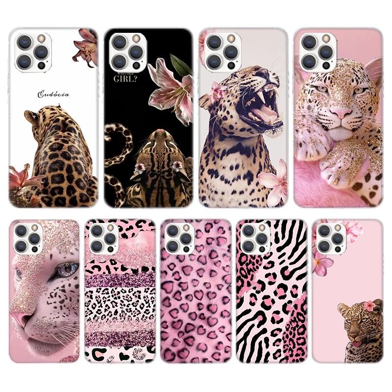 Funda de teléfono de silicona con estampado de leopardo rosa para iPhone 17 16 16E 15 Pro Max 14 Plus 11 13 Mini 12 7 8 SE Air 17Pro