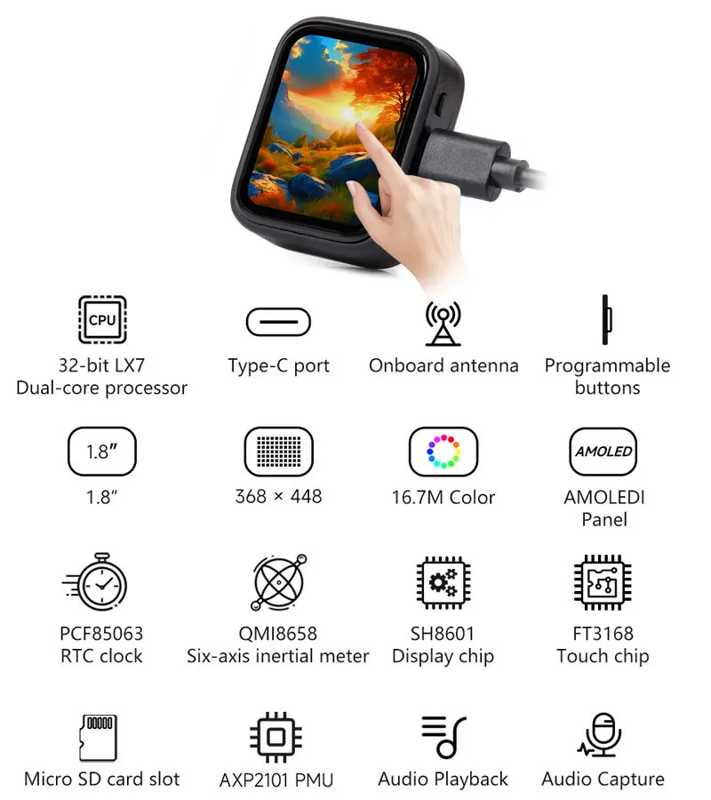 Placa de desarrollo ESP32 S3, pantalla táctil AMOLED de 1,8 pulgadas, reloj programable 368 × 448 QMI8658/MIC/Audio/Bat, Chat de voz AI - imagen 5