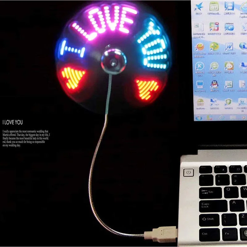 Ventilador USB creativo, ventilador programable con luz LED RGB USB, cuello de cisne Flexible, Mini ventilador USB para mensajes DIY para PC, portátil, Notebook y escritorio - imagen 2