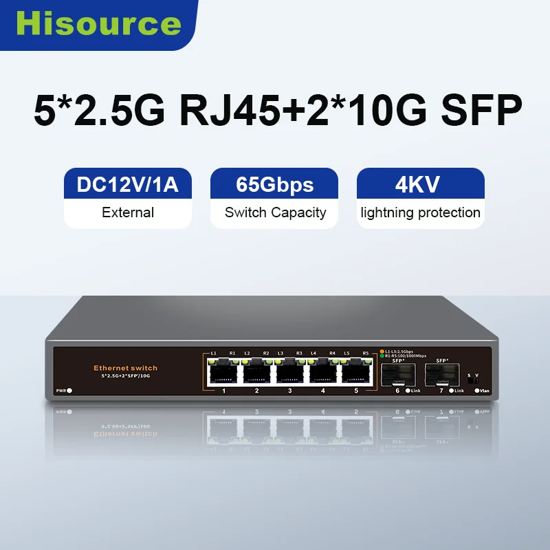 Conmutador Ethernet Hisource de 5 puertos 2,5G sin conmutador de red POE con puerto SFP 2*10G