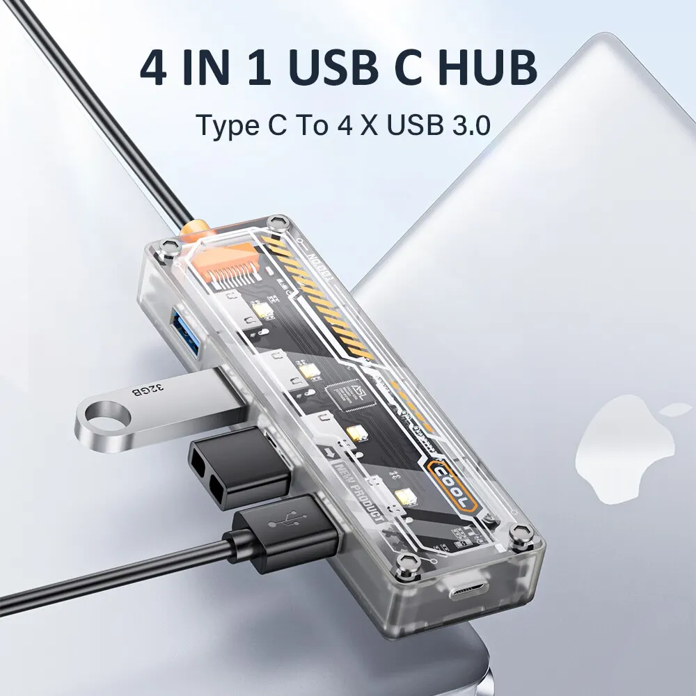 ASOMETECH-HUB tipo C 4 en 1 USB C a USB 3,0, estación de acoplamiento Punk transparente, adaptador divisor para MacBook, portátil, iPhone, Samsung - imagen 4