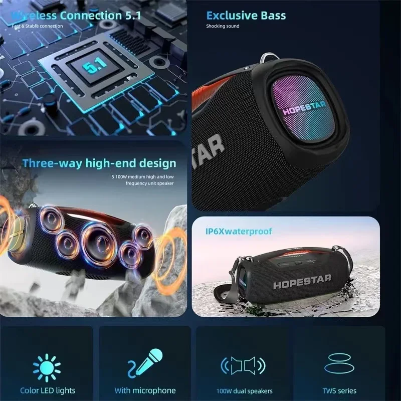 Hopestar-Altavoz Bluetooth A60 de alta potencia para exteriores, altavoz impermeable con micrófono, 100W - imagen 5