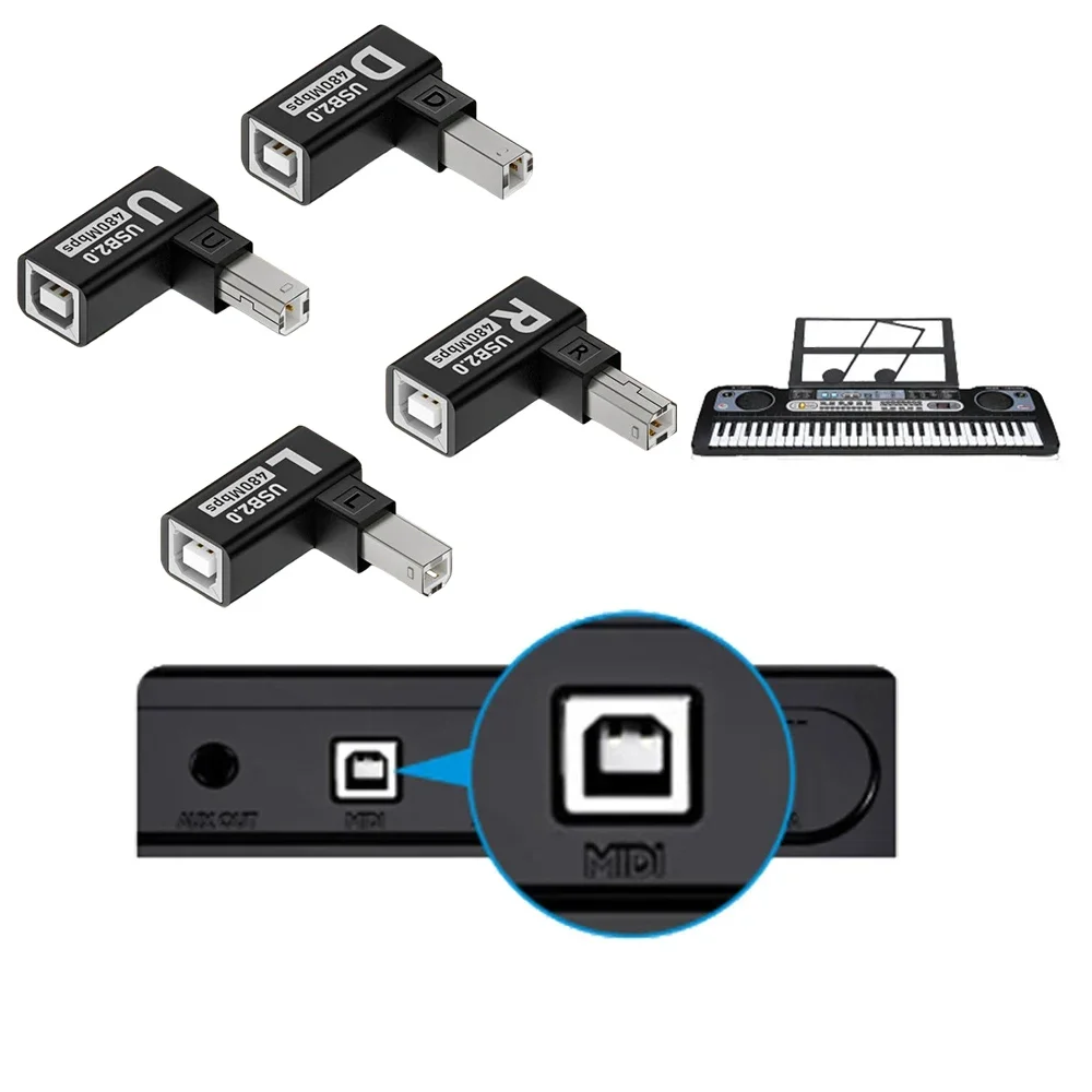 Conector de USB-B de 90 grados, arriba/abajo/Izquierda/ángulo derecho, USB 2,0 tipo B, adaptador macho a hembra para impresora, escáner, teclado MIDI - imagen 3