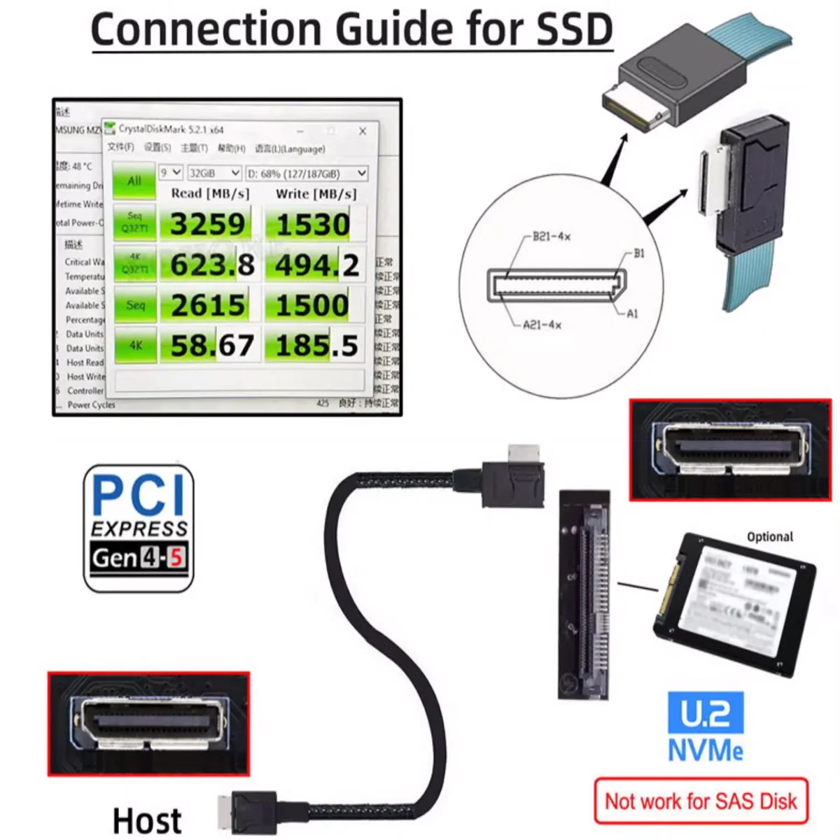 Conector de ángulo de 90 grados Oculink SFF-8611 ángulo a 8611 Cable de datos recto SAS 4.0 PCI-E 4.0 50 cm 80 cm - imagen 4
