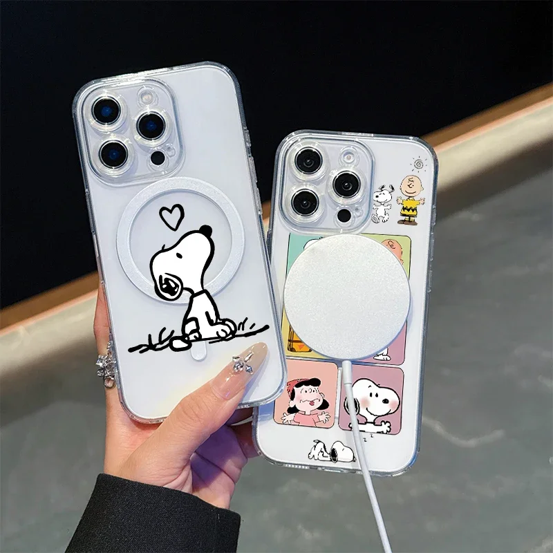 Lindo Y2K línea negra Snoopy con funda Magsafe para Iphone 16 Pro Max 16E 11 12 13 14 15 Pro Max 12 13 Mini 16 Plus cubierta magnética