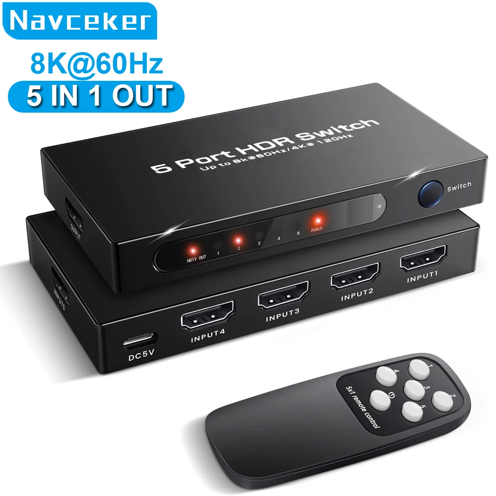 Navceker 8K 5x1 interruptor HDMI 4K 120Hz conmutador de vídeo Control remoto IR 5 entradas 1 salida HDMI 2,1 interruptor para Xbox PS5 DVD HDTV PC
