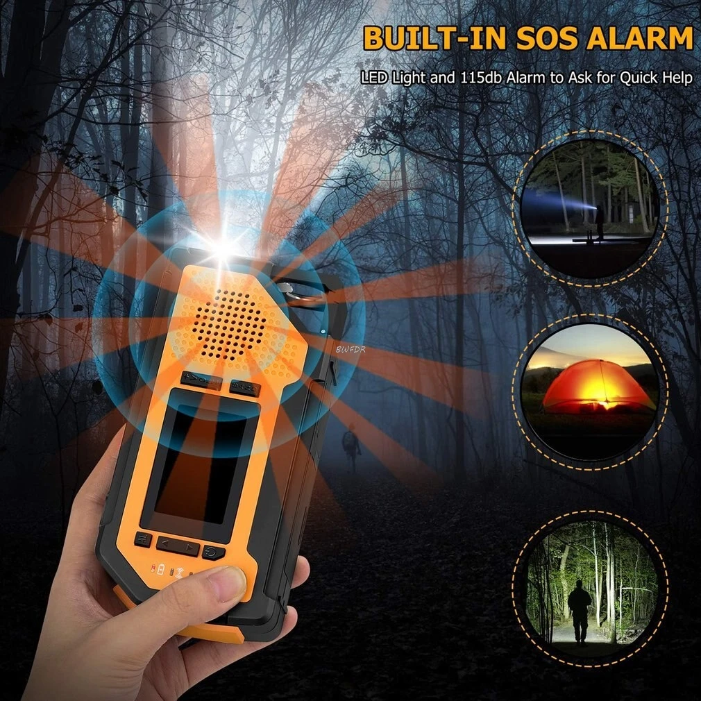 Radio de emergencia con Bluetooth, altavoz portátil para exteriores, Radio Solar con manivela, receptor AM/FM, alarma SOS, linterna LED - imagen 4
