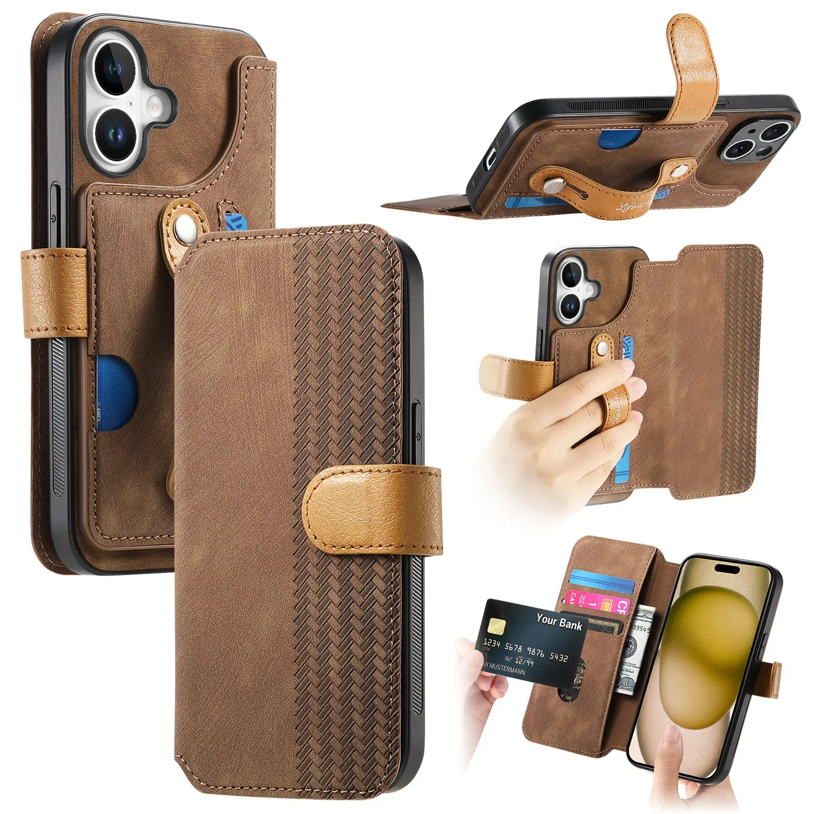 Funda de cuero con tapa para iPhone, cartera con tapa para tarjetas de pulsera para iPhone 16 Pro Max 15 Plus 14 13 12 11 XS XR SE 2022, libro con soporte RFID - imagen 2
