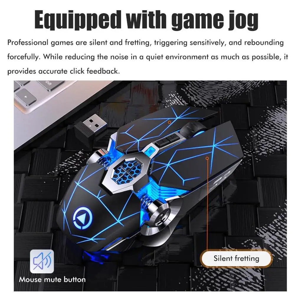 Un ratón de juego negro y azul con una luz azul en la parte inferior