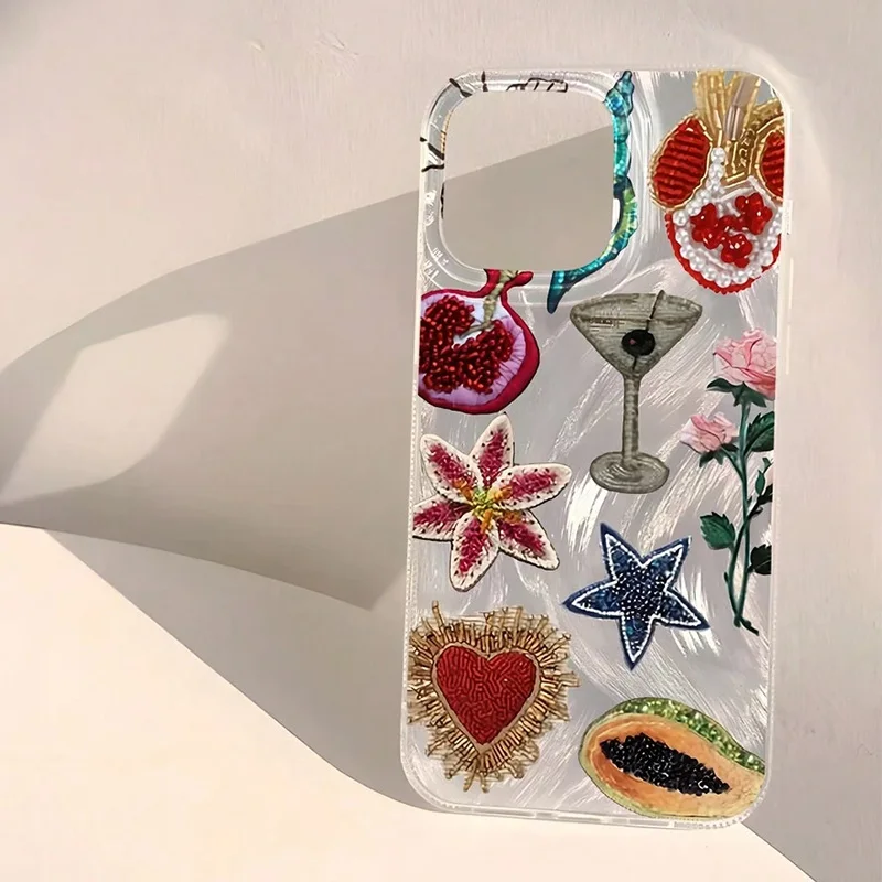 Funda de teléfono con patrón de flores y corazón con cuentas a la moda para iPhone 16/14/13/16E/12/11/15 pro Max/SE/XR/X/ XS MAX/7/8 plus - imagen 4