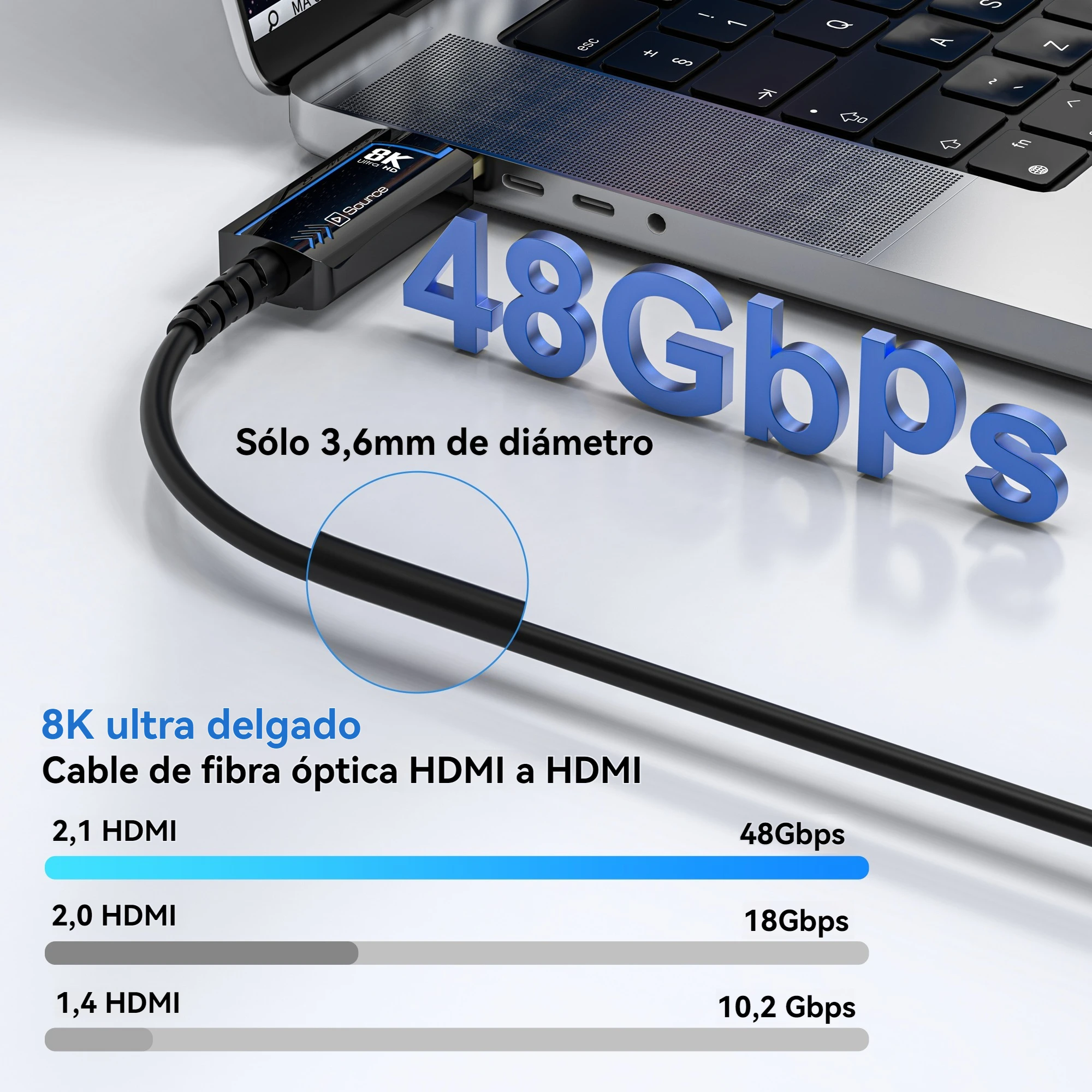 Cable de fibra óptica fina 8K HDMI 2,1, 8K60Hz, 4K120Hz, Cable HDMI dinámico de 48Gbps HDR/eARC/HDCP para HD TV PS5, ordenador de velocidad Blu-ray - imagen 5