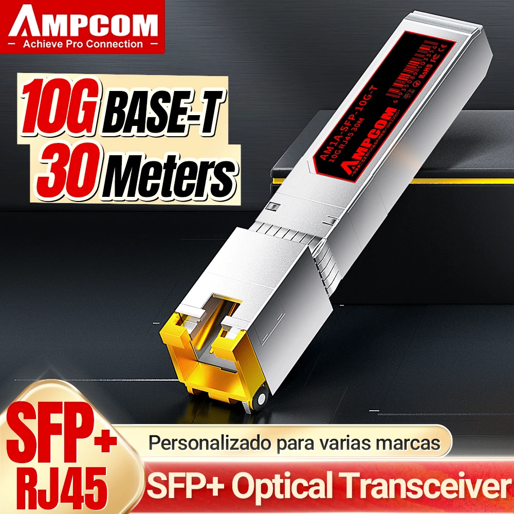 Transceptor AMPCOM 10G SFP+ a RJ45 SFP, transceptor de módulo de fibra óptica Ethernet de cobre RJ45 a SFP+, CAT6A/CAT7, hasta 30M