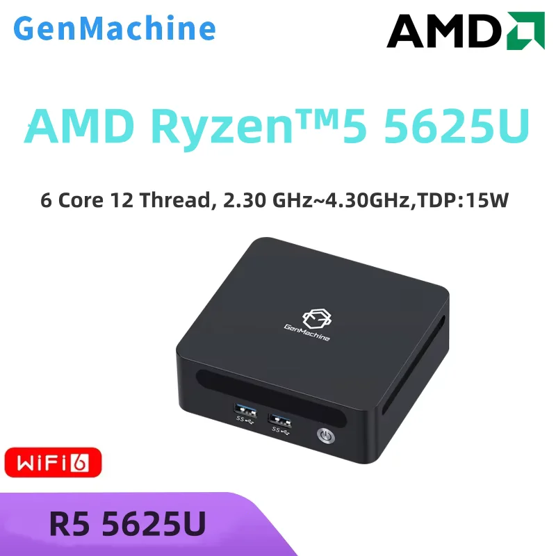 GenMachine AMD Ryzen 5 5625U 15W 6 núcleos 12 hilos Mini PC Win11 Ryzen 2,3 GHz hasta 4,3 GHz DDR4 Max soporte 64GB Gaming Pc WIFI6
