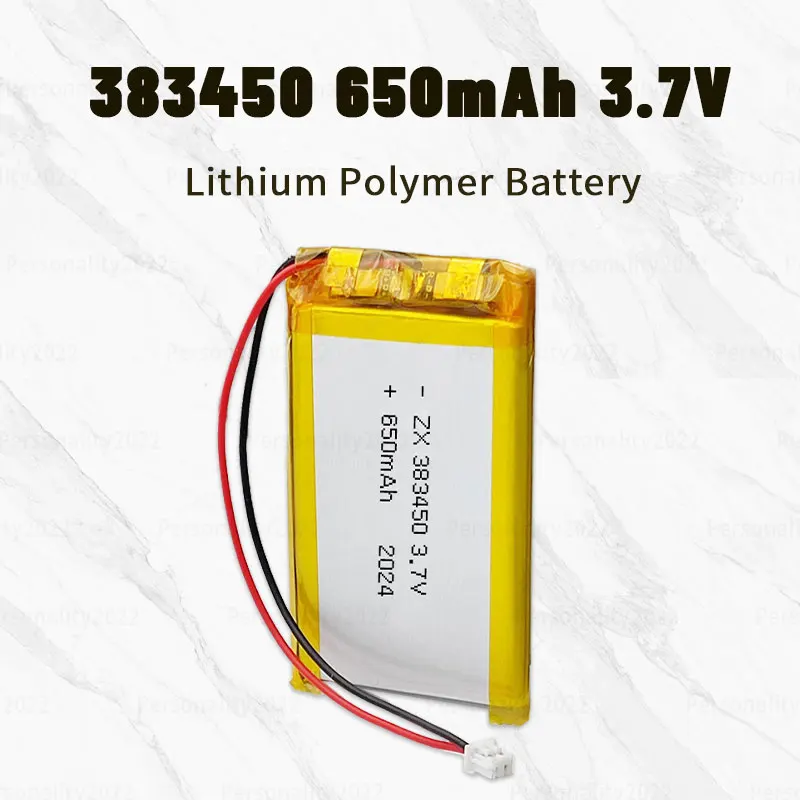 Batería de polímero de iones de litio recargable, 3,7 V, 383450 Lipo, 650mAh, para dispensador de agua, masajeador, DVD, MP3
