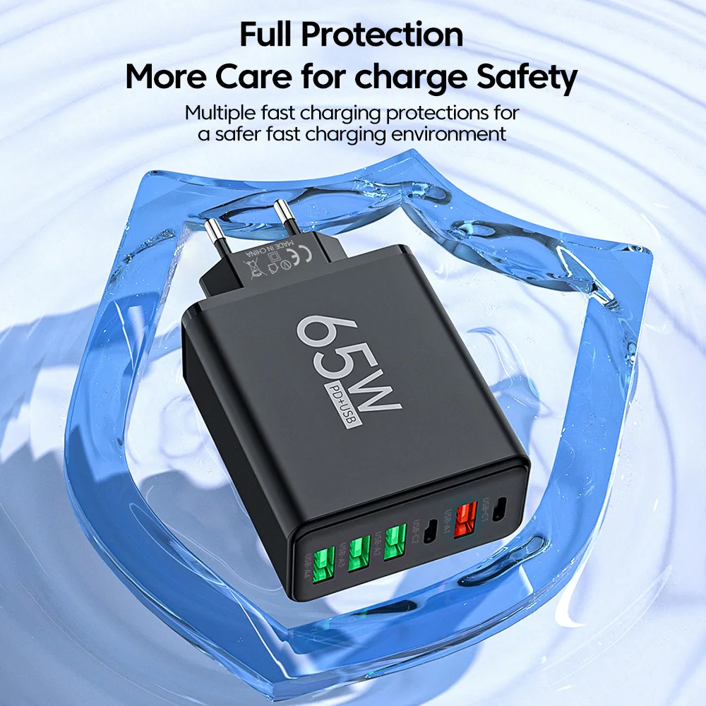 Cargador USB Total de 65W, 6 puertos tipo C, carga rápida QC3.0 para iPhone, Samsung, Xiaomi, enchufe de carga, adaptador de cargador de pared de carga rápida - imagen 4