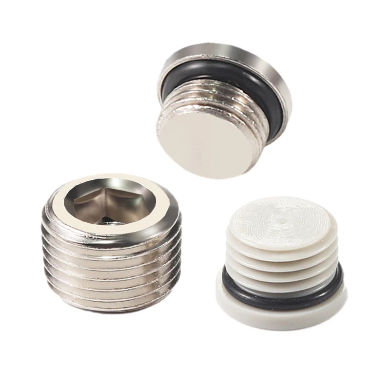 Tapón Hexagonal interior de latón, 10 piezas, M5, 1/8, 1/4, 3/8, 1/2, con anillo de sellado, tapa de extremo de hierro para enchufe de plástico neumático