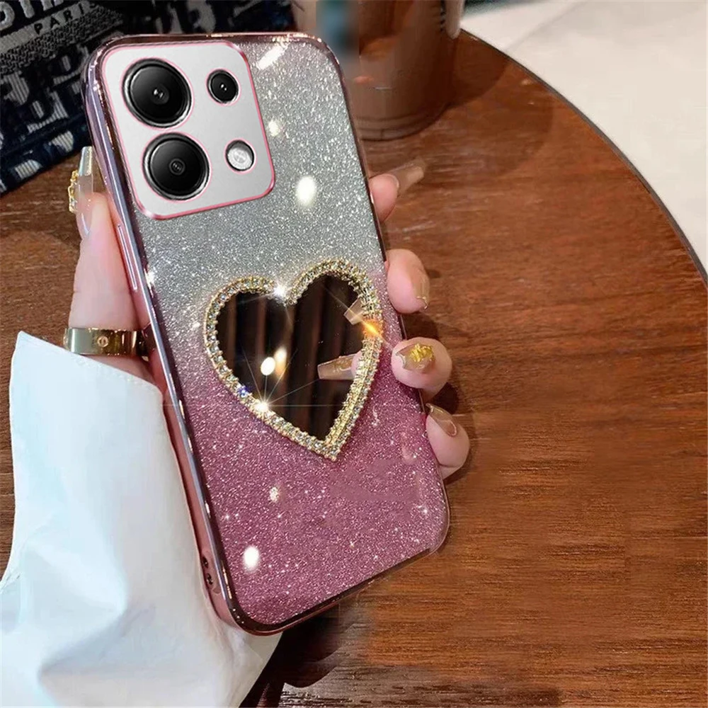 Funda de teléfono con espejo de corazón de amor 3D para Xiaomi, carcasa de silicona suave con purpurina degradada para Poco C65, X6, X5, X3, M4, M6 Pro, C55, 11T, 12T, 13T Lite