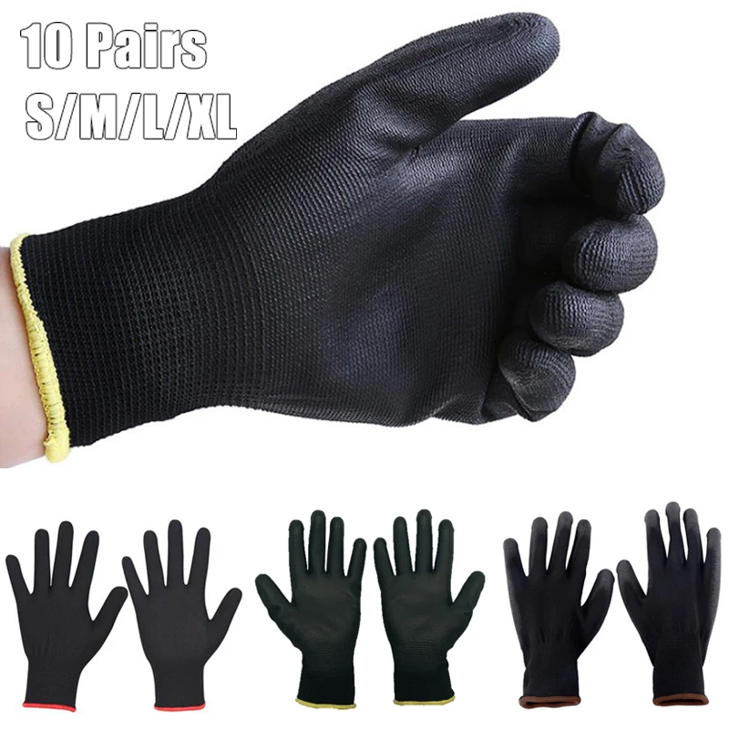 Guantes de trabajo de PU con revestimiento de nailon, guantes de trabajo de seguridad antideslizantes y duraderos, guantes de trabajo de PU de nailon, bloqueo para acampar, Color aleatorio, 10 pares/20 Uds.