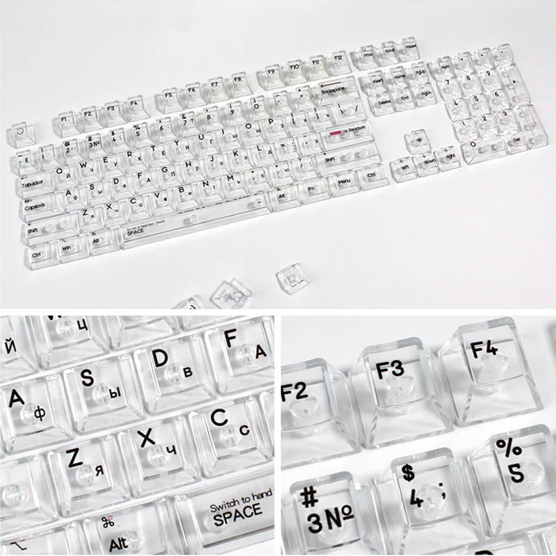 Teclas de cristal con impresión UV de diseño ruso, teclas de PC transparentes blancas, perfil de cereza, 132 teclas para teclado mecánico MX Switch