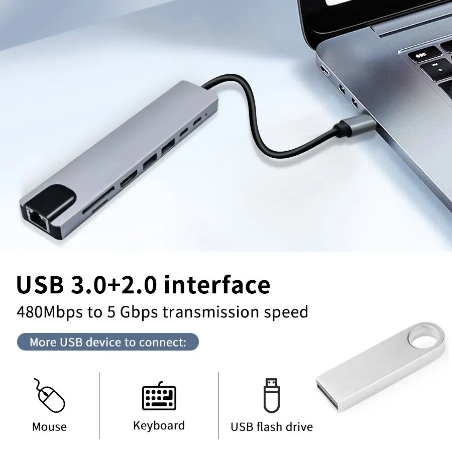 Estación de acoplamiento USB C 4K Compatible con HDMI 100M RJ45 SD lector de tarjetas TF tipo C PD Hub para ordenador portátil Macbook - imagen 2