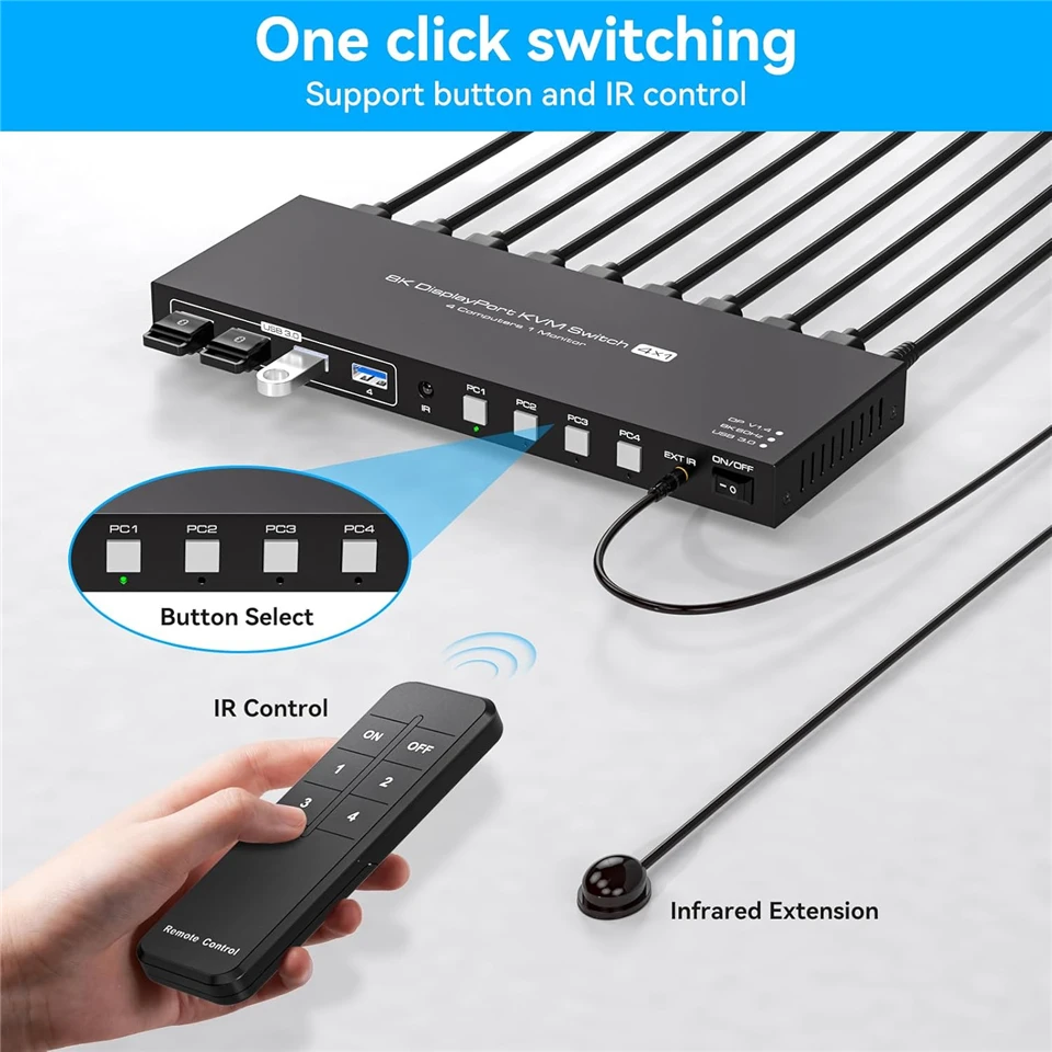 Navceker 8K Displayport KVM Switch 1 Monitores 4 Computadoras 4K 144Hz 4x1 DP USB 3.0 KVM Switch para 4 PC Compartir Teclado Ratón - imagen 5