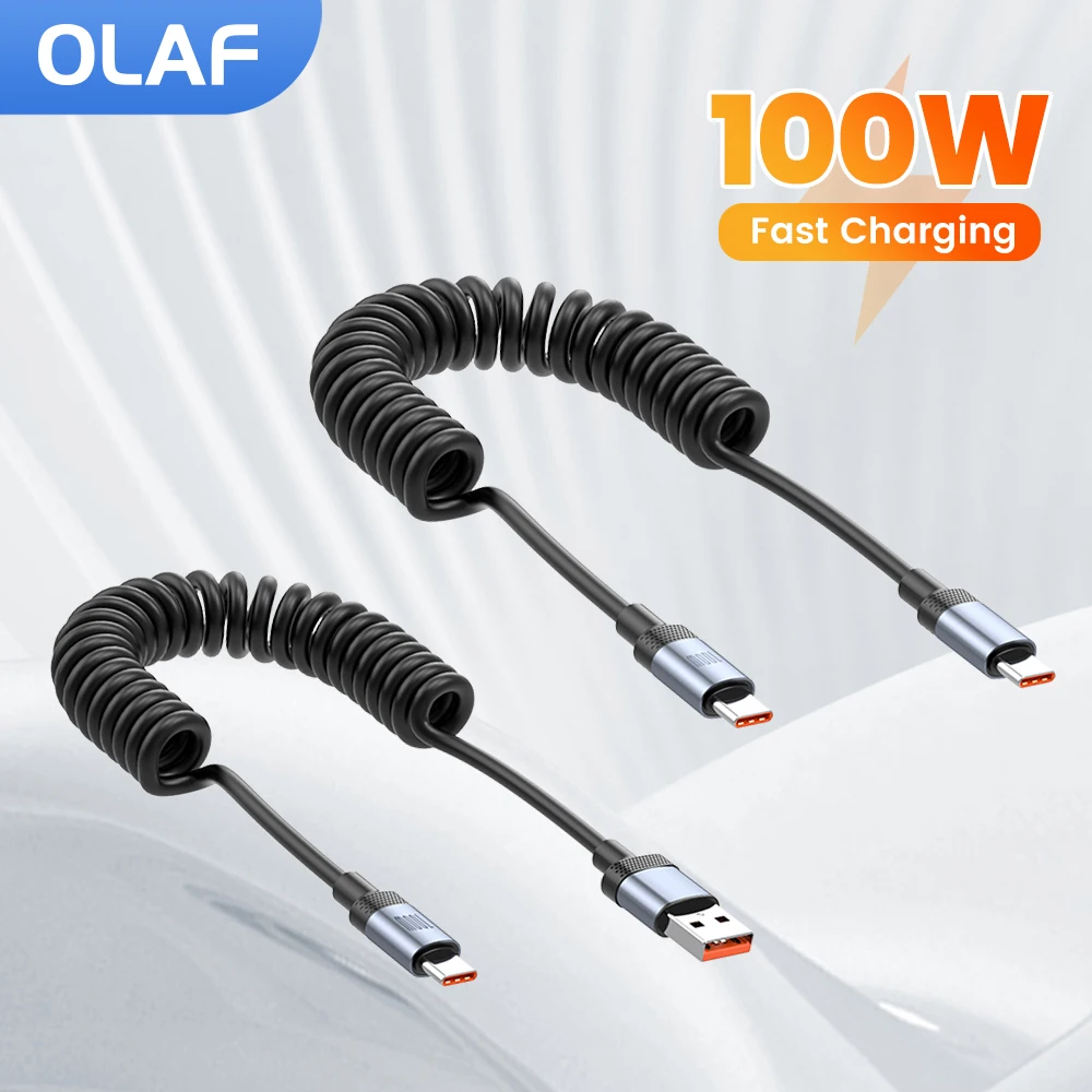 Cable de resorte para coche de 1,5 M, Cable de carga súper rápida de 100W 5A tipo C a Cable tipo C para iPhone 15 16 Samsung Huawei Xiaomi Cable USB C
