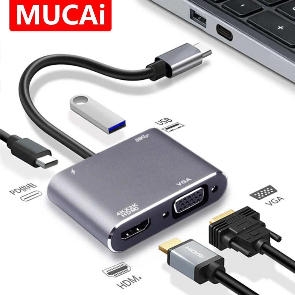 Hub USB C para portátiles: adaptador HDMI 4K y VGA 1080P con tipo C para Dell/Asus/Gaming