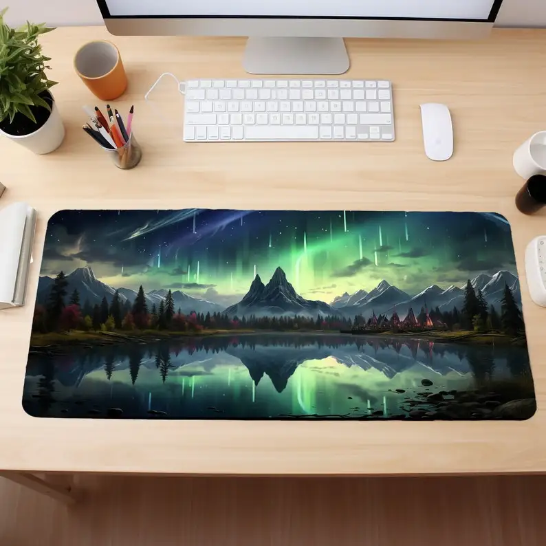 Alfombrilla de ratón grande con luces del norte y lluvia de meteoritos, alfombrilla de escritorio de montañas occidentales, decoración de oficina, alfombrilla de ratón XXL, accesorios para juegos para jugadores - imagen 3