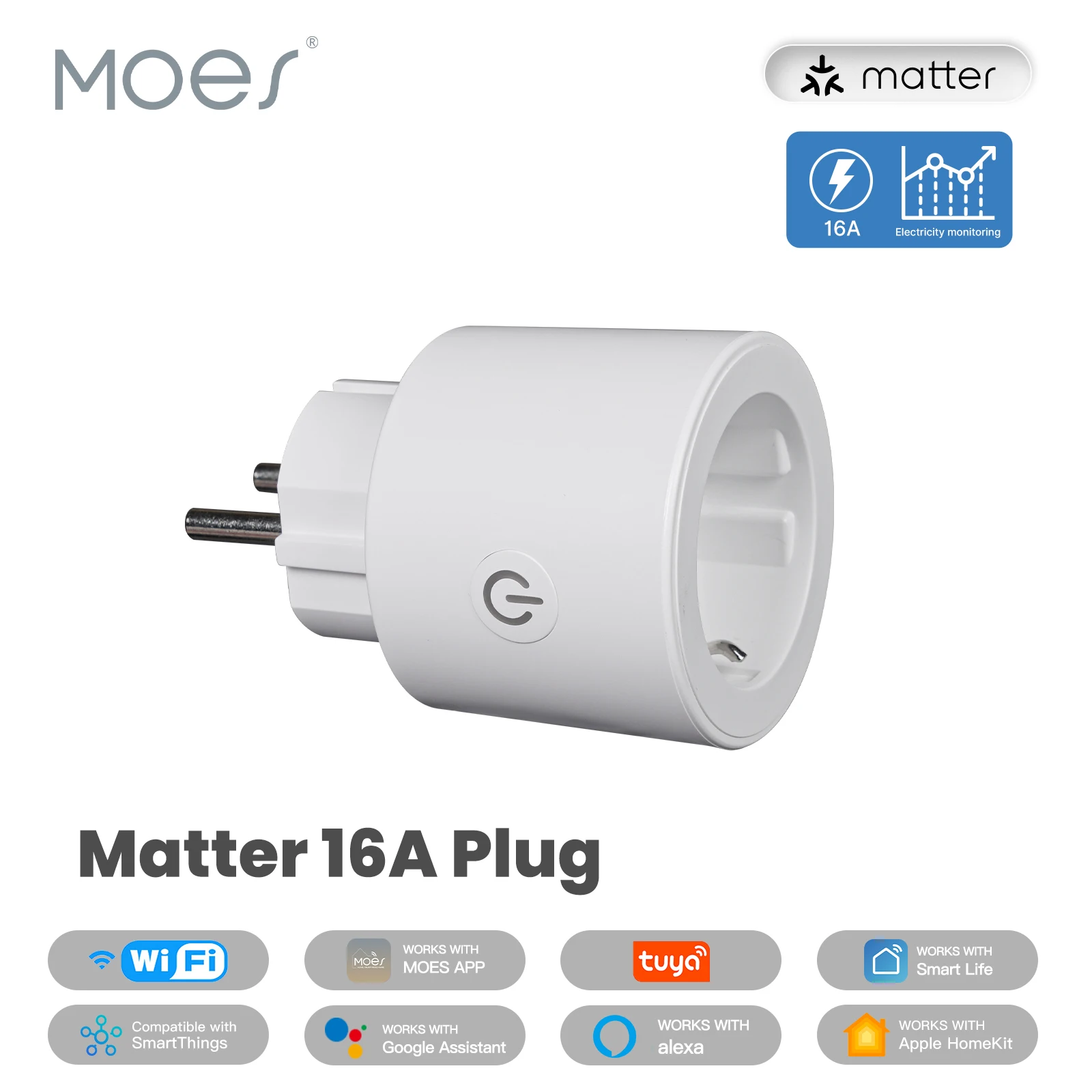 MOES-enchufe inteligente UE/EE. UU./Reino Unido, enchufe WiFi con temporizador de 15/16A, Monitor de potencia, compatible con TUYA, Apple, Homekit con Google Home, Alexa