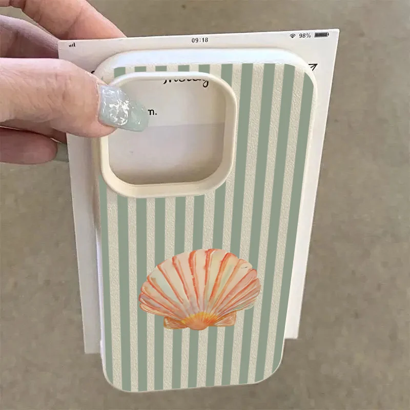 Fundas de teléfono con diseño de rayas de concha fresca para iPhone 16 15 14 13 12 Pro Max 11 16 Plus 16E, funda antideslizante a prueba de golpes con patrón de lichi - imagen 3