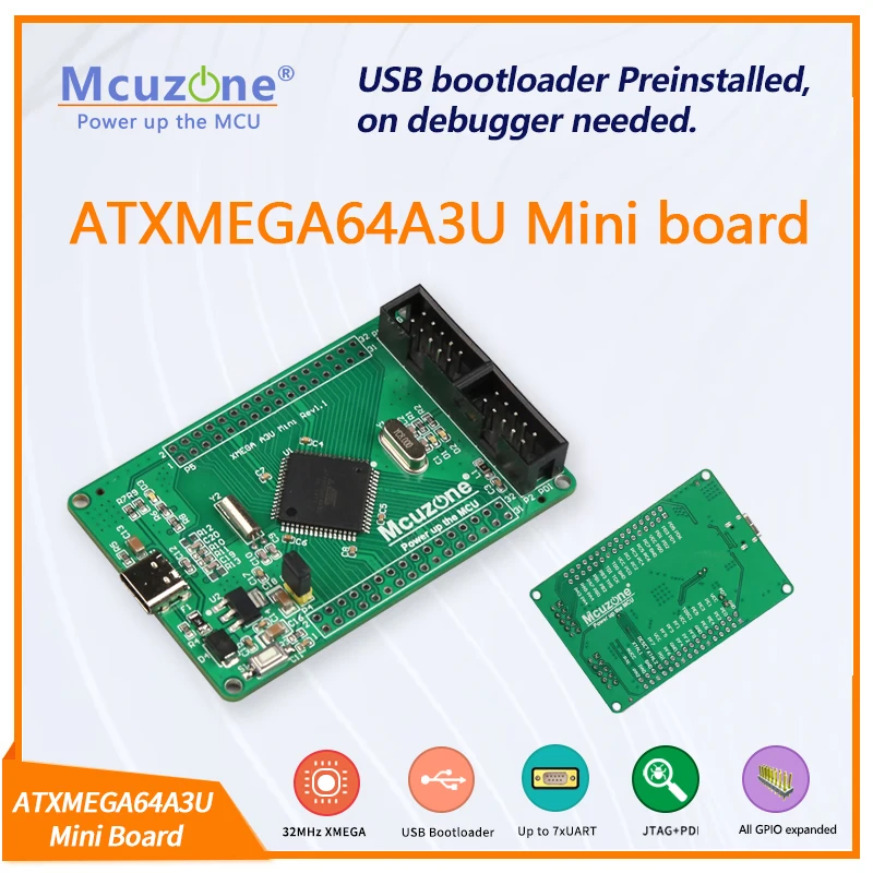 Mini placa ATxmega64A3U, programa USB PDI JTAG, XMEGA64A3 U 64A3U, AVR ATMEL MICROCHIP 7UART
