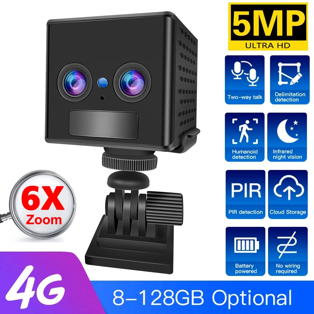 Minicámara de seguridad 4G con tarjeta SIM, cámara de vigilancia de 5MP, Batería grande de 3000mAh, intercomunicador de voz de baja potencia, Zoom 6x, videocámara CCTV