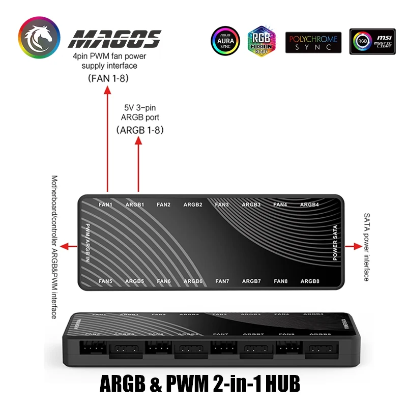 HA-02, caja de computadora ARGB+PWM Hub 2 en 1 ventilador de chasis serie conector de 4 pines 5V sincronización de luz divina de 3 pines, 8 + 8 cabezales - imagen 5