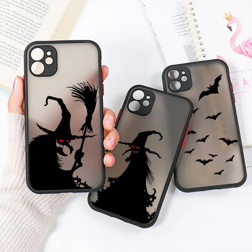 Funda de teléfono negra con diseño de murciélago de bruja para iPhone, carcasa mate transparente para iPhone 16, 15, 11, 13, 14, 12 Pro Max, Mini, XS, XR, 16 Pro, 7, 8 Plus - imagen 3