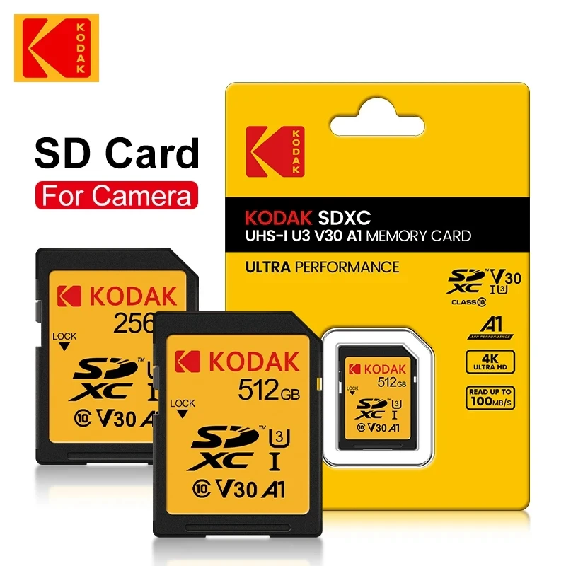 KODAK-tarjetas SD para cámara, tarjeta de memoria de alta velocidad de 100 MB/s, 256GB, 128GB, 64GB, SDXC C10, A1, U3, V30, UHS-I, 4K, HD, SLR, DV - imagen 4