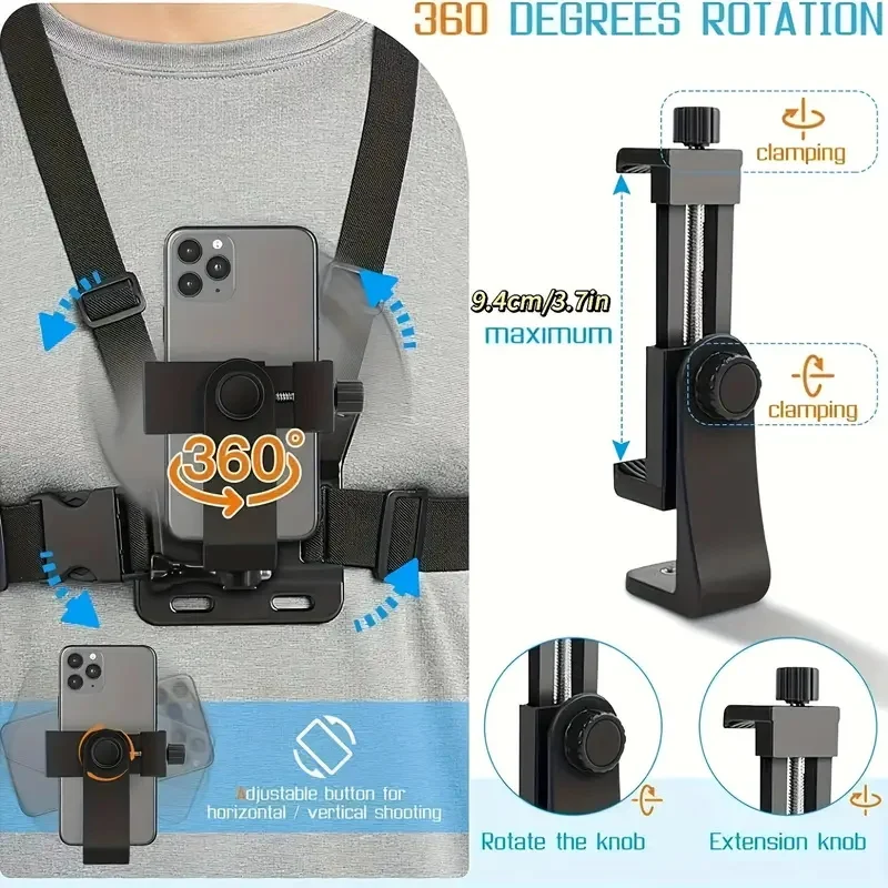 Correa para el pecho, soporte giratorio para teléfono para iphone, cinturón para teléfono inteligente, soporte para arnés corporal para cámara Gopro Hero 12 11 10 9 8 Insta360 Dji - imagen 2