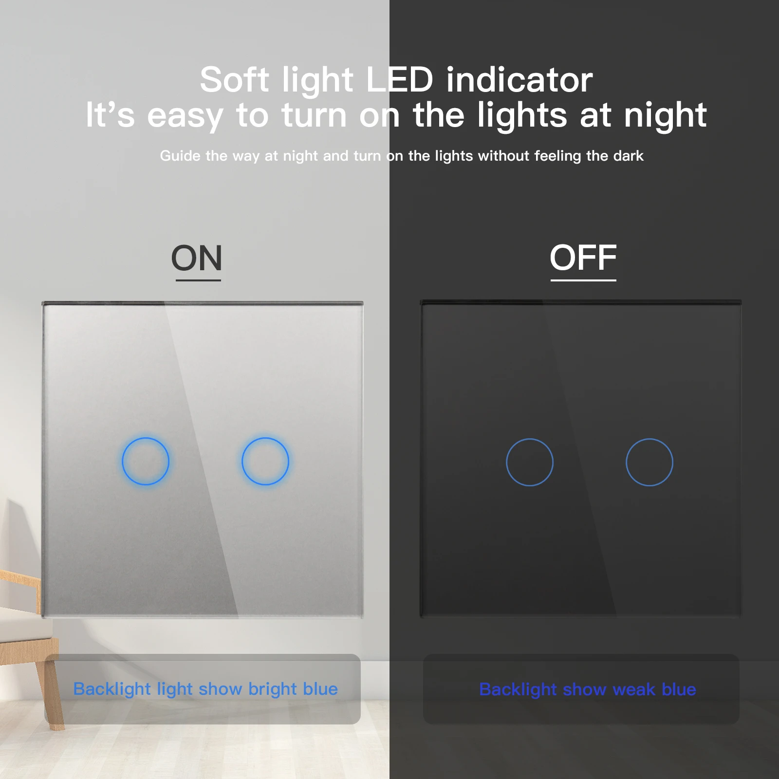 Interruptor de luz táctil de pared Bseed, interruptor de luz de 2 vías de 1/2/3 entradas con enchufe europeo, Panel de vidrio USB tipo C, retroiluminación azul de 240V para escaleras - imagen 4