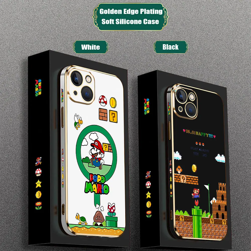 Funda de dibujos animados s-super m-mario Bros para iPhone, 15, 14 Pro Max, 13, 12 Mini, 11, 7, 8 Pro, XSMax, X, XR, SE, Funda de teléfono chapada de lujo