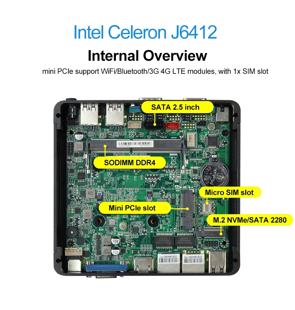 Mini PC sin ventilador Intel Celeron J6412 2xGigabit Ethernet 2x RS232/RS485 HDMI VGA Mini PCIE WiFi/4G 6x USB compatible con Windows Linux - imagen 3