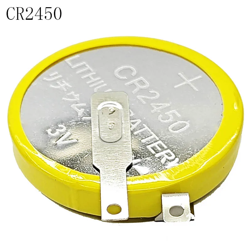 10 unids/lote CR2450 2450 batería de litio de botón 3V con pines de soldadura para placa base/cocina de arroz pie plegable de poste negativo